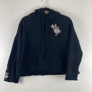 Embroidered Black Floral Cropped Sweatshirt Hoodie Size Large L